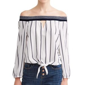 3/$20 Off Shoulder Tie Front Blouse, Navy Stripe